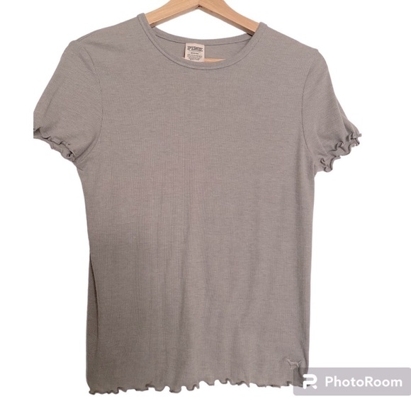 PINK GRAY FITTED RIBBED TEESHIRT WITH LETTUCE HEM SIZE MEDIUM - Picture 1 of 3